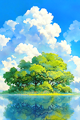 JPG 나무 구름 호수 일러스트 자연 하늘 풍경 사람없음 야외 반사 맑음 국내일러스트 AI일러스트 AI콘텐츠 자연요소 식물 날씨 생태계 파일형식