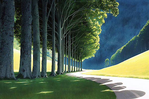 JPG 나무 길 일러스트 그림자 풍경 사람없음 초록색 햇빛 숲 그늘 국내일러스트 AI일러스트 AI콘텐츠 식물 컬러 태양 파일형식