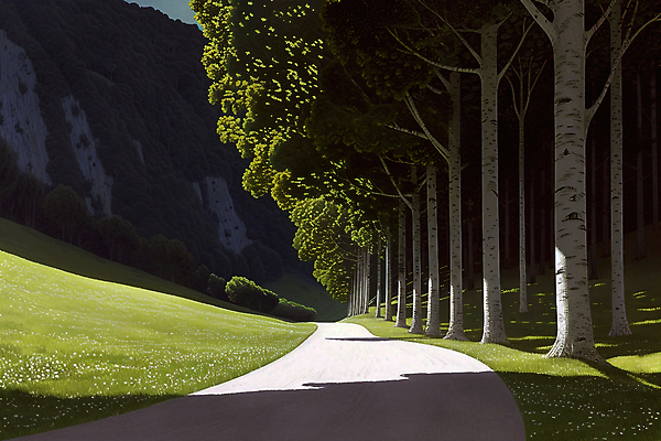 JPG 나무 길 일러스트 그림자 풍경 사람없음 초록색 햇빛 노을 어둠 숲 그늘 국내일러스트 AI일러스트 AI콘텐츠 자연요소 식물 컬러 태양 파일형식