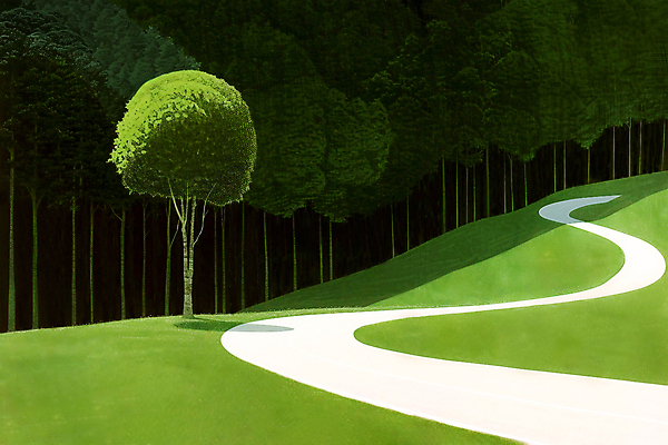 JPG 나무 길 일러스트 그림자 풍경 사람없음 초록색 햇빛 어둠 숲 그늘 언덕 국내일러스트 AI일러스트 AI콘텐츠 식물 컬러 태양 파일형식