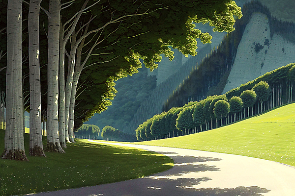 JPG 나무 길 일러스트 그림자 풍경 사람없음 초록색 햇빛 숲 그늘 오후 국내일러스트 AI일러스트 AI콘텐츠 식물 컬러 태양 파일형식