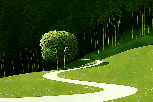 JPG 나무 길 일러스트 그림자 풍경 사람없음 초록색 햇빛 어둠 숲 그늘 언덕 국내일러스트 AI일러스트 AI콘텐츠 식물 컬러 태양 파일형식