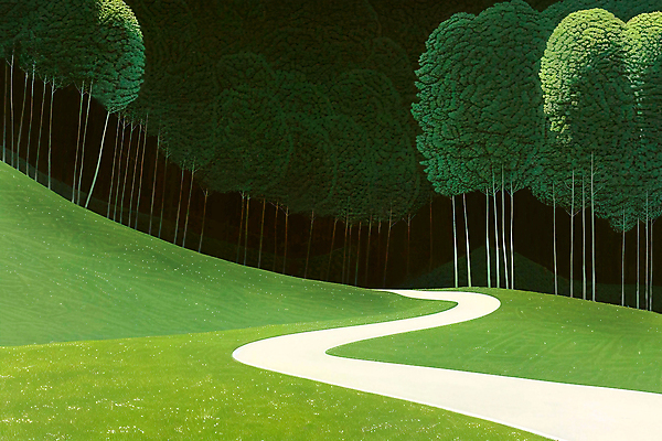 JPG 나무 길 일러스트 풍경 사람없음 초록색 어둠 숲 언덕 국내일러스트 AI일러스트 AI콘텐츠 식물 컬러 파일형식