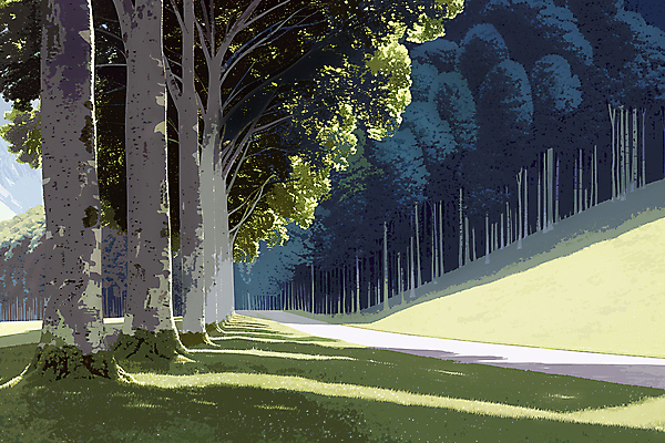 JPG 나무 길 일러스트 그림자 풍경 사람없음 초록색 햇빛 숲 그늘 국내일러스트 AI일러스트 AI콘텐츠 식물 컬러 태양 파일형식