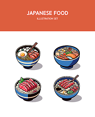 그릇 일러스트 젓가락 육류 사람없음 빨간색 세트 계란 소스 해산물 덮밥 간장 우동 연어 일본음식 국내일러스트 AI파일 식기 음식 컬러 식재료 수저 어류 알 면류 양념 파일형식 벡터