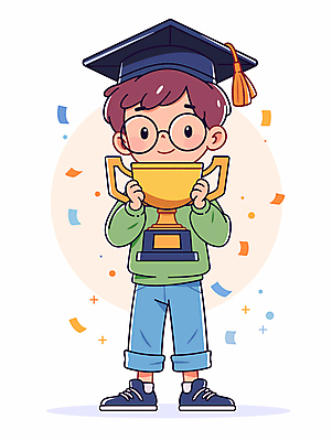 전신 남자 어린이 인물캐릭터 일러스트 학사모 성공 한명 서기 미소 들기 소년 기쁨 우승 수상_상을받음 상 트로피 시상 우승자 소년한명만 안경낌 국내일러스트 일러캐릭터 AI파일 캐릭터 모자_잡화 1 감정 안경 컨셉 졸업 모션 표정 사람 최고 상_우승 상패 남자한명만 소년만 파일형식 벡터