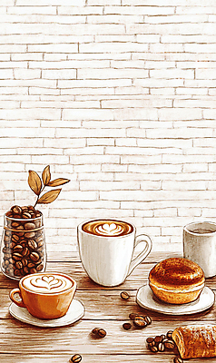 JPG 빵 일러스트 나뭇잎 수채화 사람없음 갈색 원두 가을 빈티지 커피잔 컵받침 브런치 아메리카노 나무탁자 라떼 라떼아트 벽돌무늬 국내일러스트 AI일러스트 AI콘텐츠 계절 커피 음식 컬러 컨셉 잎 무늬 탁자 잔 식사 받침대 그림 파일형식