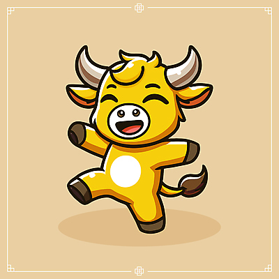 캐릭터 일러스트 미소 웃음 사람없음 노란색 귀여움 춤 황소 꼬리 한우 소캐릭터 소뿔 일러캐릭터 AI파일 컬러 동물캐릭터 컨셉 문화예술 뿔 표정 소고기 소 파일형식 벡터