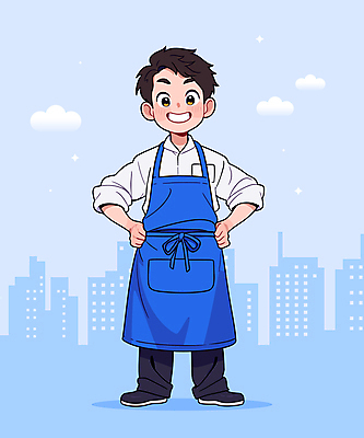 전신 남자 인물캐릭터 허리손 일러스트 직업캐릭터 한명 웃음 빌딩 청년 성인 파란색 요리사 앞치마 자신감 만화 성인남자한명만 소상공인 국내일러스트 일러캐릭터 AI파일 직업 캐릭터 1 감정 컬러 포즈 표정 사람 건물 경제 상인 남자한명만 성인남자만 파일형식 벡터