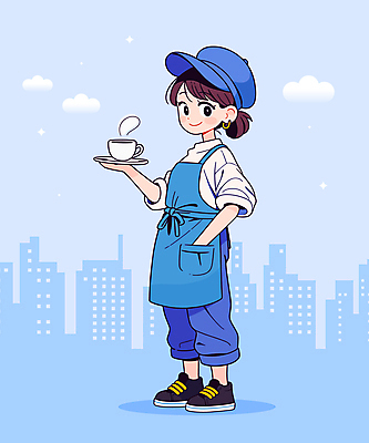 전신 여자 인물캐릭터 일러스트 직업캐릭터 한명 웃음 들기 빌딩 청년 성인 파란색 앞치마 커피잔 만화 컵받침 주머니손 바리스타 긍정적 성인여자한명만 소상공인 국내일러스트 일러캐릭터 AI파일 직업 캐릭터 1 감정 커피 컬러 모션 잔 표정 사람 건물 경제 상인 받침대 여자한명만 성인여자만 파일형식 벡터