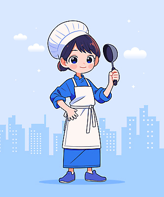 전신 여자 인물캐릭터 일러스트 직업캐릭터 요리사모자 한명 웃음 들기 빌딩 청년 성인 파란색 요리사 앞치마 만화 국자 긍정적 성인여자한명만 소상공인 국내일러스트 일러캐릭터 AI파일 직업 캐릭터 모자_잡화 1 감정 컬러 모션 주방용품 표정 사람 건물 경제 상인 여자한명만 성인여자만 파일형식 벡터