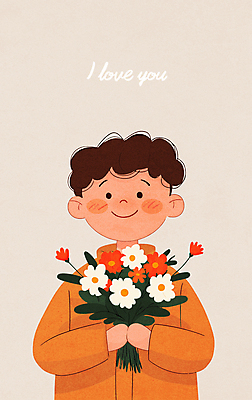 남자 행복 어린이 꽃다발 프로포즈 일러스트 사랑 한명 미소 들기 소년 상반신 주황색 소년한명만 국내일러스트 AI파일 1 꽃 감정 컬러 모션 표정 사람 남자한명만 소년만 파일형식 벡터