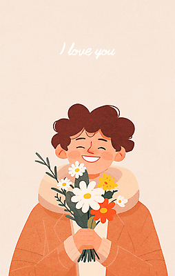 남자 행복 어린이 꽃다발 프로포즈 일러스트 사랑 한명 미소 들기 소년 상반신 주황색 소년한명만 국내일러스트 AI파일 1 꽃 감정 컬러 모션 표정 사람 남자한명만 소년만 파일형식 벡터