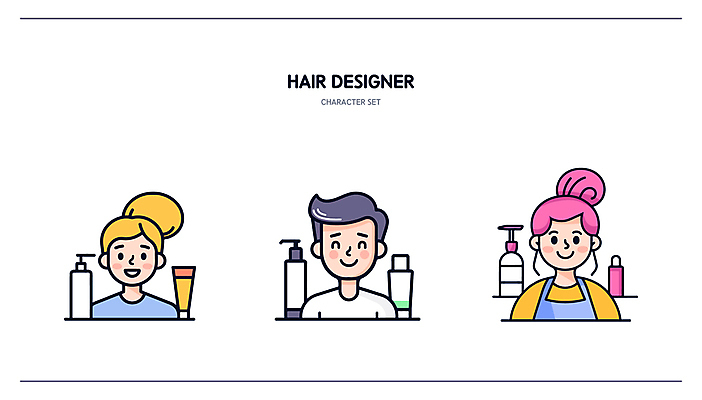 캐릭터 여자 남자 라인일러스트 일러스트 직업캐릭터 미소 웃음 성인 세명 뷰티 미용실 미용사 서비스 헤어용품 샴푸 엘리먼트 성인만 일러캐릭터 AI파일 직업 표정 사람 위생용품 미용용품 뷰티샵 파일형식 벡터