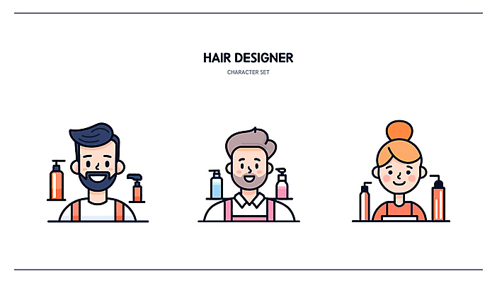 캐릭터 여자 남자 라인일러스트 일러스트 직업캐릭터 미소 웃음 성인 세명 뷰티 미용실 미용사 서비스 헤어용품 샴푸 엘리먼트 성인만 일러캐릭터 AI파일 직업 표정 사람 위생용품 미용용품 뷰티샵 파일형식 벡터