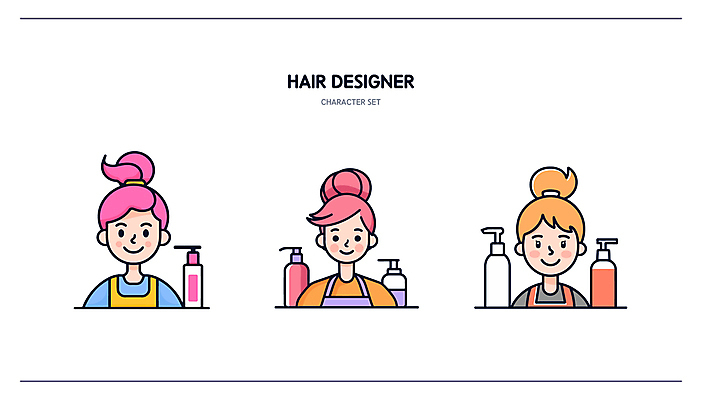 캐릭터 여자 라인일러스트 일러스트 직업캐릭터 미소 웃음 성인 세명 뷰티 미용실 미용사 서비스 헤어용품 샴푸 엘리먼트 성인여자만 일러캐릭터 AI파일 직업 표정 사람 위생용품 미용용품 뷰티샵 여자만 성인만 파일형식 벡터