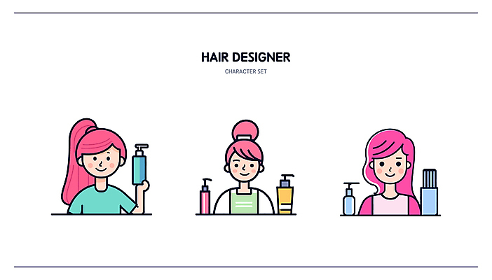 캐릭터 여자 라인일러스트 일러스트 직업캐릭터 미소 웃음 들기 성인 세명 뷰티 미용실 미용사 헤어용품 샴푸 엘리먼트 성인여자만 일러캐릭터 AI파일 직업 모션 표정 사람 위생용품 미용용품 뷰티샵 여자만 성인만 파일형식 벡터