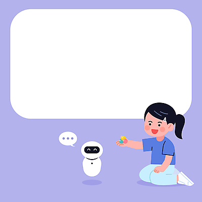 전신 여자 어린이 말풍선 일러스트 놀이 기술 대화 한명 미소 들기 소녀 장난감 보라색 구슬 로봇 소녀한명만 카피스페이스 AI_인공지능 국내일러스트 AI파일 1 컬러 모션 표정 말하기 사람 공백 여자한명만 소녀만 파일형식 벡터