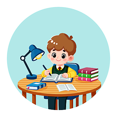 학생 교육 남자 어린이 인물캐릭터 하늘색 의자 일러스트 한명 미소 웃음 앉기 소년 상반신 책 연필 귀여움 스탠드 기록 책상 교과서 소년한명만 국내일러스트 일러캐릭터 AI파일 캐릭터 1 가구 컨셉 모션 학용품 교재 조명 표정 사람 파란색 필기구 남자한명만 소년만 파일형식 벡터