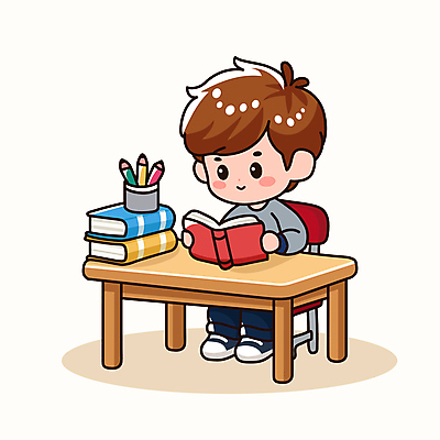 전신 학생 교육 남자 어린이 인물캐릭터 의자 일러스트 한명 미소 웃음 앉기 소년 책 독서 연필 귀여움 책상 교과서 연필꽂이 소년한명만 국내일러스트 일러캐릭터 AI파일 캐릭터 1 가구 컨셉 모션 문구용품 학용품 교재 표정 사람 필기구 남자한명만 소년만 파일형식 벡터