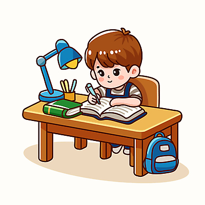 전신 학생 교육 남자 어린이 인물캐릭터 의자 일러스트 책가방 한명 미소 웃음 앉기 소년 책 연필 갈색 귀여움 스탠드 기록 책상 교과서 연필꽂이 소년한명만 국내일러스트 일러캐릭터 AI파일 캐릭터 1 컬러 가구 컨셉 가방 모션 문구용품 학용품 교재 조명 표정 사람 필기구 남자한명만 소년만 파일형식 벡터