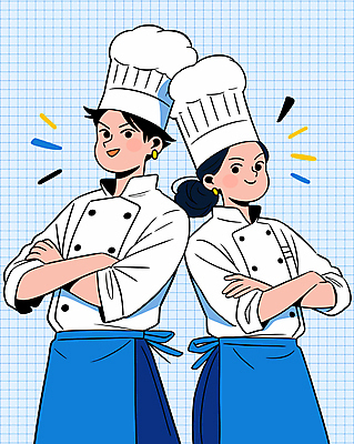 여자 남자 인물캐릭터 일러스트 직업캐릭터 요리사모자 상반신 성인 두명 파란색 팔짱 요리사 앞치마 등맞대기 자신감 조리복 애니메이션 성인만 국내일러스트 일러캐릭터 AI파일 직업 캐릭터 모자_잡화 감정 컬러 유니폼 모션 사람 파일형식 벡터