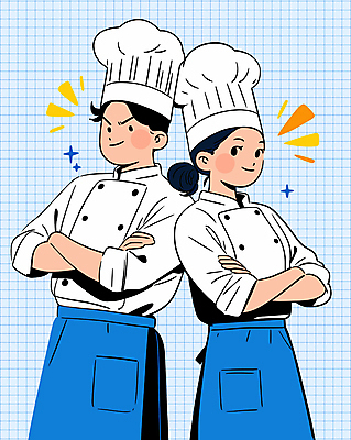 여자 남자 인물캐릭터 일러스트 직업캐릭터 요리사모자 상반신 성인 두명 파란색 팔짱 요리사 앞치마 등맞대기 자신감 조리복 애니메이션 성인만 국내일러스트 일러캐릭터 AI파일 직업 캐릭터 모자_잡화 감정 컬러 유니폼 모션 사람 파일형식 벡터