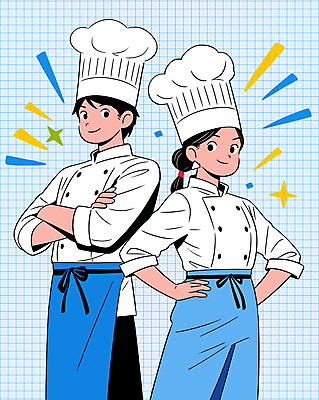여자 남자 인물캐릭터 일러스트 직업캐릭터 요리사모자 상반신 성인 두명 파란색 팔짱 요리사 앞치마 등맞대기 자신감 조리복 애니메이션 성인만 국내일러스트 일러캐릭터 AI파일 직업 캐릭터 모자_잡화 감정 컬러 유니폼 모션 사람 파일형식 벡터