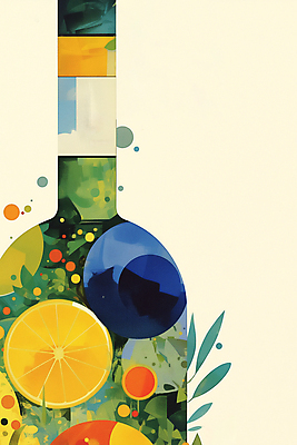 JPG 포스터 잎 오렌지 일러스트 수채화 사람없음 노란색 와인 와인병 국내일러스트 AI일러스트 AI콘텐츠 식물 컬러 과일 병_용기 주류 파일형식