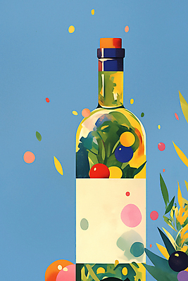 JPG 포스터 하늘색 잎 일러스트 수채화 사람없음 와인 와인병 국내일러스트 AI일러스트 AI콘텐츠 식물 병_용기 주류 파란색 파일형식