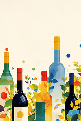 JPG 포스터 잎 일러스트 수채화 사람없음 노란색 와인 와인병 국내일러스트 AI일러스트 AI콘텐츠 식물 컬러 병_용기 주류 파일형식