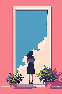 JPG 전신 식물 구름 여자 교복 화분 분홍색 일러스트 청소년 하늘 그림자 한명 뒷모습 문 희망 꿈 시작 십대여자한명만 국내일러스트 AI일러스트 AI콘텐츠 자연요소 1 옷 감정 뷰포인트 컬러 사람 여자한명만 십대여자만 파일형식
