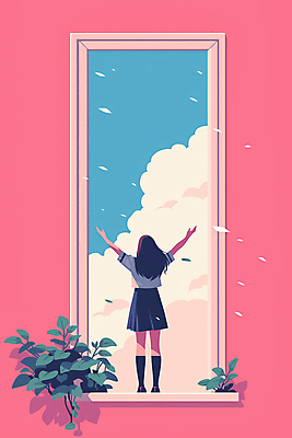 JPG 전신 식물 구름 여자 꽃잎 교복 분홍색 일러스트 청소년 하늘 한명 뒷모습 문 희망 만세 꿈 시작 십대여자한명만 국내일러스트 AI일러스트 AI콘텐츠 자연요소 1 옷 꽃 감정 뷰포인트 컬러 모션 사람 여자한명만 십대여자만 파일형식