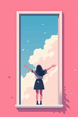 JPG 전신 구름 여자 꽃잎 교복 분홍색 일러스트 청소년 하늘 한명 뒷모습 문 희망 만세 꿈 시작 십대여자한명만 국내일러스트 AI일러스트 AI콘텐츠 자연요소 1 옷 꽃 감정 뷰포인트 컬러 모션 사람 여자한명만 십대여자만 파일형식