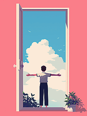 JPG 전신 식물 구름 남자 교복 화분 분홍색 일러스트 청소년 하늘 팔벌리기 한명 뒷모습 문 희망 꿈 시작 십대남자한명만 국내일러스트 AI일러스트 AI콘텐츠 자연요소 1 옷 감정 뷰포인트 컬러 모션 사람 남자한명만 십대남자만 파일형식