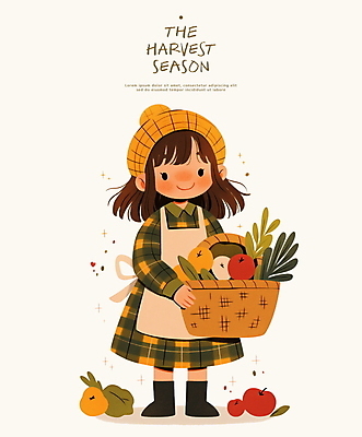 전신 PSD 원피스 여자 어린이 잎 토마토 일러스트 감자 따뜻함 한명 들기 소녀 바구니 수확 추수 가을 소녀한명만 국내일러스트 식물 1 옷 계절 농업 채소 모션 사람 여자한명만 소녀만 파일형식