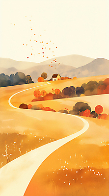 JPG 나무 길 일러스트 자연 하늘 주택 풍경 초원 사람없음 가을풍경 주황색 가을 시골 언덕 시골길 국내일러스트 AI일러스트 AI콘텐츠 식물 계절 컬러 건물 생태계 파일형식 가을_계절
