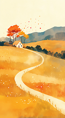 JPG 나무 길 단풍 일러스트 자연 하늘 주택 풍경 초원 사람없음 가을풍경 주황색 가을 언덕 시골길 국내일러스트 AI일러스트 AI콘텐츠 식물 계절 컬러 잎 건물 생태계 파일형식 가을_계절