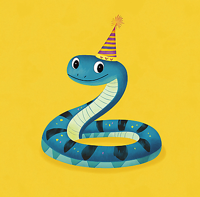JPG 캐릭터 한마리 일러스트 미소 사람없음 노란색 파티 귀여움 고깔모자 축하 생일 뱀 국내일러스트 일러캐릭터 푸른뱀 푸른뱀캐릭터 AI일러스트 AI콘텐츠 모자_잡화 1 기념일 컬러 컨셉 파충류 표정 이벤트 뱀캐릭터 파일형식
