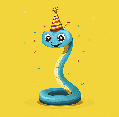 JPG 캐릭터 한마리 일러스트 웃음 사람없음 노란색 파티 귀여움 공간 고깔모자 축하 생일 뱀 꽃가루 국내일러스트 일러캐릭터 푸른뱀 푸른뱀캐릭터 AI일러스트 AI콘텐츠 모자_잡화 1 기념일 컬러 컨셉 파충류 표정 이벤트 가루 뱀캐릭터 파일형식