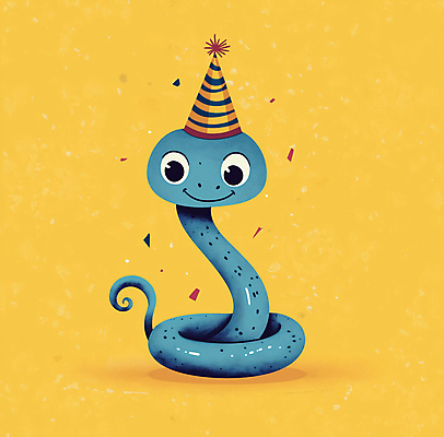 JPG 캐릭터 한마리 일러스트 모션 미소 사람없음 노란색 파티 귀여움 고깔모자 축하 생일 뱀 꽃가루 국내일러스트 일러캐릭터 푸른뱀 푸른뱀캐릭터 AI일러스트 AI콘텐츠 모자_잡화 1 기념일 컬러 컨셉 파충류 표정 이벤트 가루 뱀캐릭터 파일형식