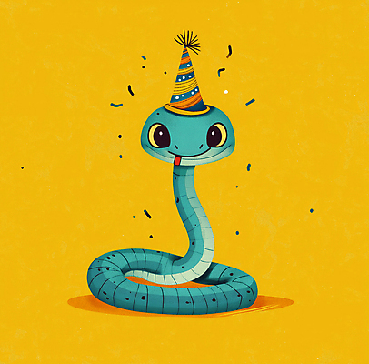 JPG 캐릭터 한마리 일러스트 미소 사람없음 노란색 파티 귀여움 고깔모자 축하 생일 뱀 꽃가루 국내일러스트 일러캐릭터 푸른뱀 푸른뱀캐릭터 AI일러스트 AI콘텐츠 모자_잡화 1 기념일 컬러 컨셉 파충류 표정 이벤트 가루 뱀캐릭터 파일형식