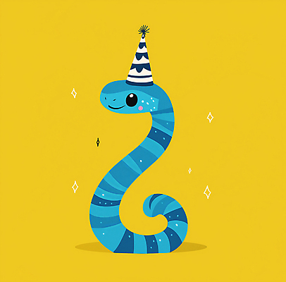 JPG 캐릭터 한마리 일러스트 웃음 사람없음 노란색 파티 귀여움 축제 고깔모자 축하 생일 뱀 국내일러스트 일러캐릭터 푸른뱀 푸른뱀캐릭터 AI일러스트 AI콘텐츠 모자_잡화 1 기념일 컬러 컨셉 파충류 표정 이벤트 뱀캐릭터 파일형식