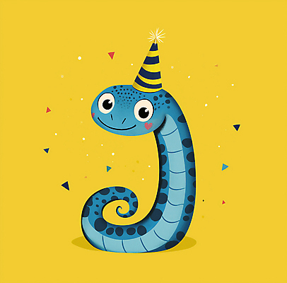 JPG 캐릭터 한마리 일러스트 미소 사람없음 노란색 파티 귀여움 고깔모자 축하 생일 뱀 꽃가루 국내일러스트 일러캐릭터 푸른뱀 푸른뱀캐릭터 AI일러스트 AI콘텐츠 모자_잡화 1 기념일 컬러 컨셉 파충류 표정 이벤트 가루 뱀캐릭터 파일형식