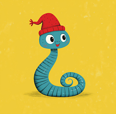 JPG 캐릭터 한마리 일러스트 털모자 사람없음 노란색 파티 귀여움 축제 생일 뱀 국내일러스트 일러캐릭터 푸른뱀 푸른뱀캐릭터 AI일러스트 AI콘텐츠 모자_잡화 1 기념일 컬러 컨셉 파충류 이벤트 뱀캐릭터 파일형식