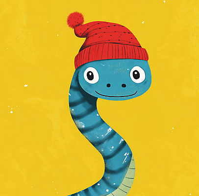 JPG 캐릭터 한마리 일러스트 털모자 미소 사람없음 노란색 파티 귀여움 생일 뱀 국내일러스트 일러캐릭터 푸른뱀 푸른뱀캐릭터 AI일러스트 AI콘텐츠 모자_잡화 1 기념일 컬러 컨셉 파충류 표정 이벤트 뱀캐릭터 파일형식