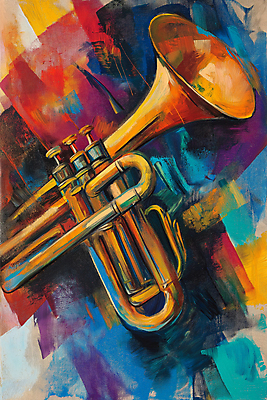 JPG 예술 음악 일러스트 붓터치 추상 미술 사람없음 컬러풀 물감 화려 클래식 작품 트럼펫 색채 창작 디지털아트 국내일러스트 AI일러스트 AI콘텐츠 컬러 컨셉 무늬 문화예술 미술도구 금관악기 파일형식