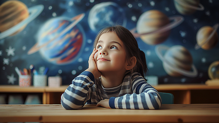 JPG 편집이미지 여자 교육 어린이 교실 상상 한명 소녀 상반신 우주 턱괴기 꿈 행성 남색 천문학 상상력 우주탐험 소녀한명만 편집실사 AI인물포토 AI콘텐츠 1 컬러 학교 모션 사람 CG 여자한명만 소녀만 파일형식 AI포토