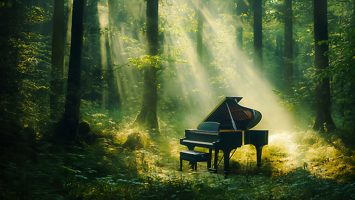 JPG 나무 편집이미지 사람없음 햇빛 피아노 숲속 숲 피아니스트 편집실사 AI포토 AI콘텐츠 식물 태양 연주자 건반악기 CG 파일형식