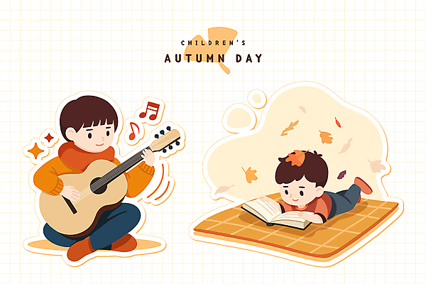 전신 라이프스타일 남자 어린이 엎드리기 낙엽 연주 음표 일러스트 나뭇잎 앉기 소년 두명 일상 책 독서 주황색 가을 통기타 돗자리 은행잎 소년만 국내일러스트 AI파일 기호 계절 음악 컬러 잎 모션 사람 라이프 생활 기타 남자만 어린이만 파일형식 벡터